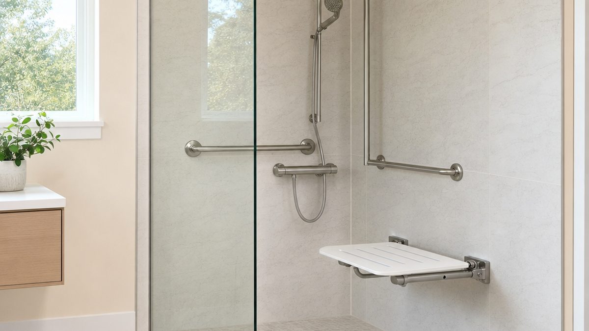 Douche sécurisée senior avec siège et barres d'appui